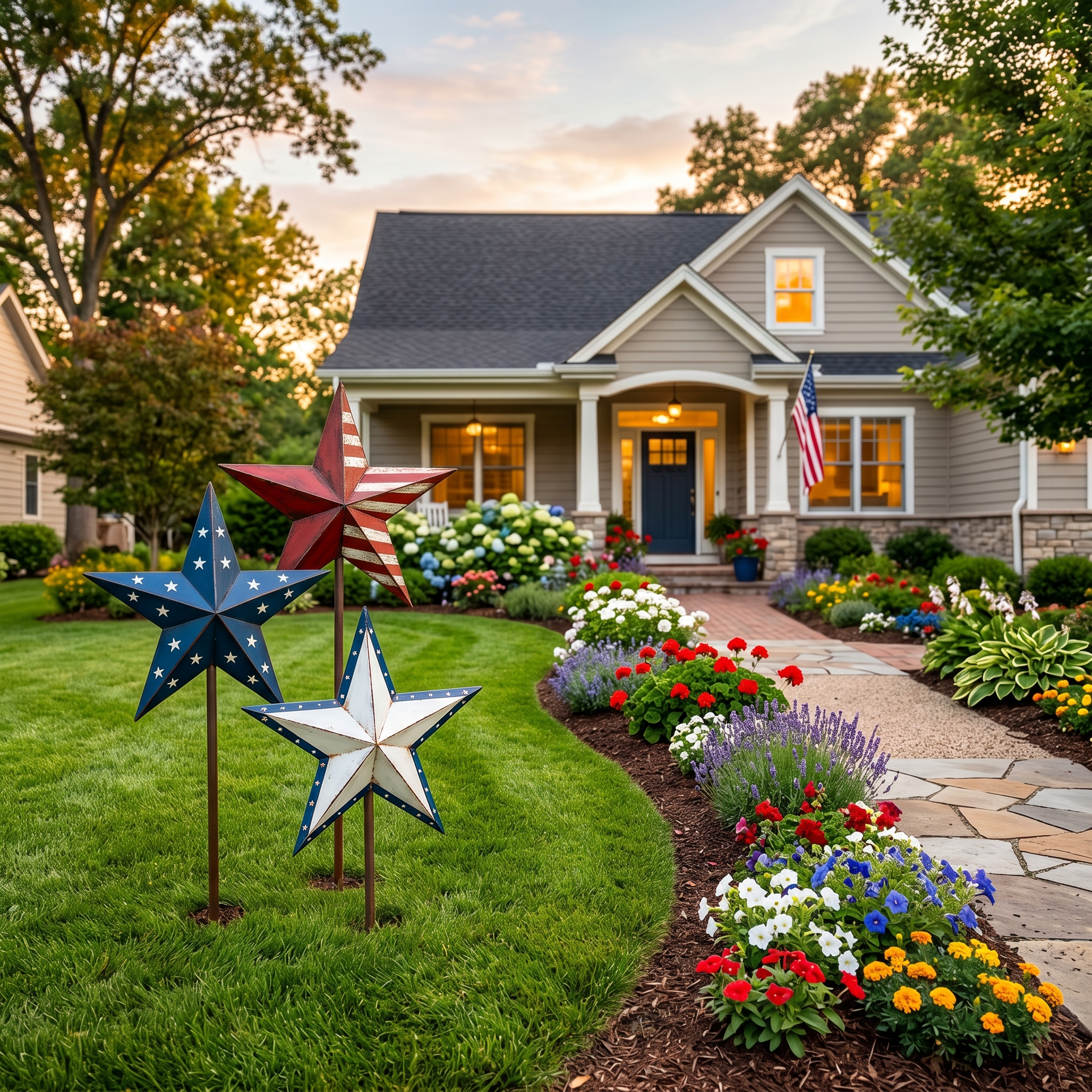 Large Outdoor Metal Patriotic Star Yard Stake Set