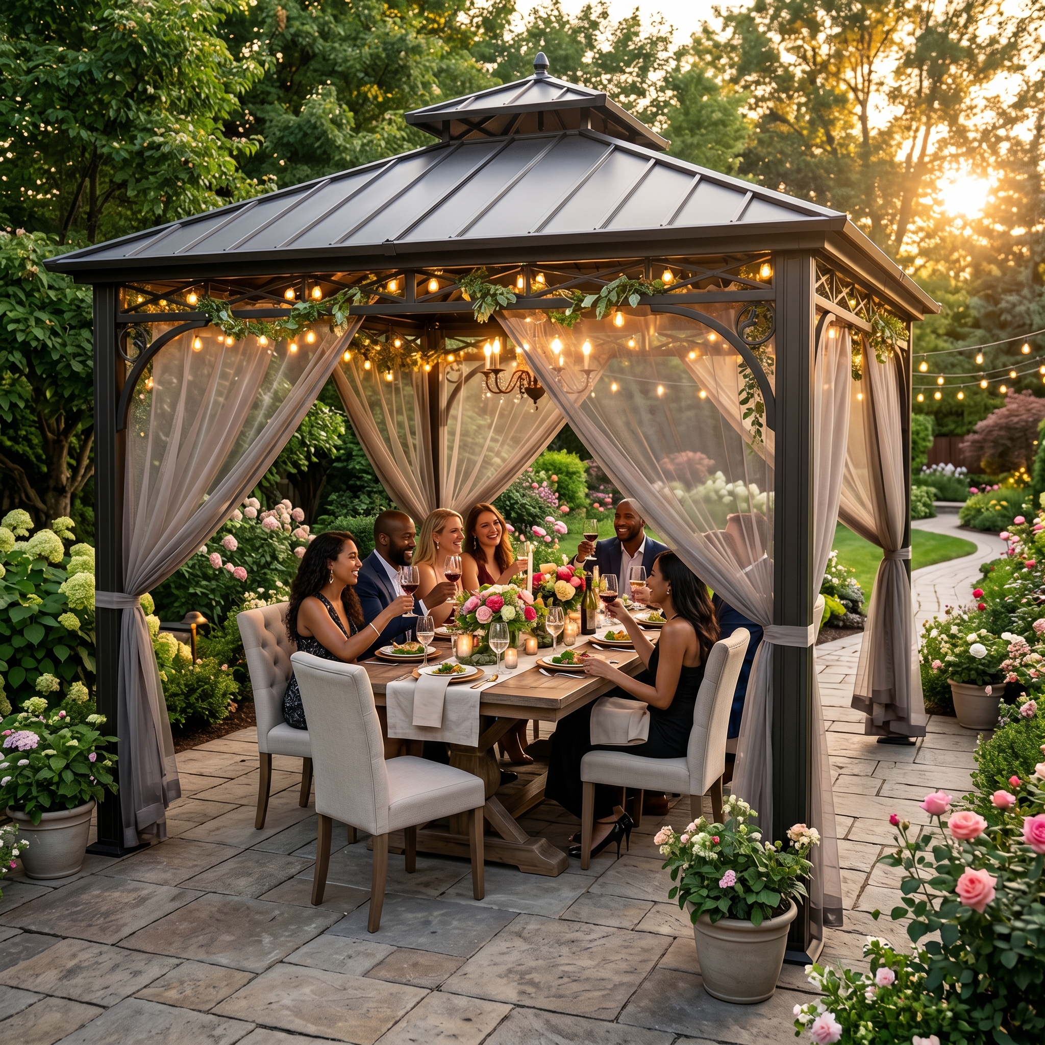 Sunjoy Steel Hardtop Gazebo with Netting