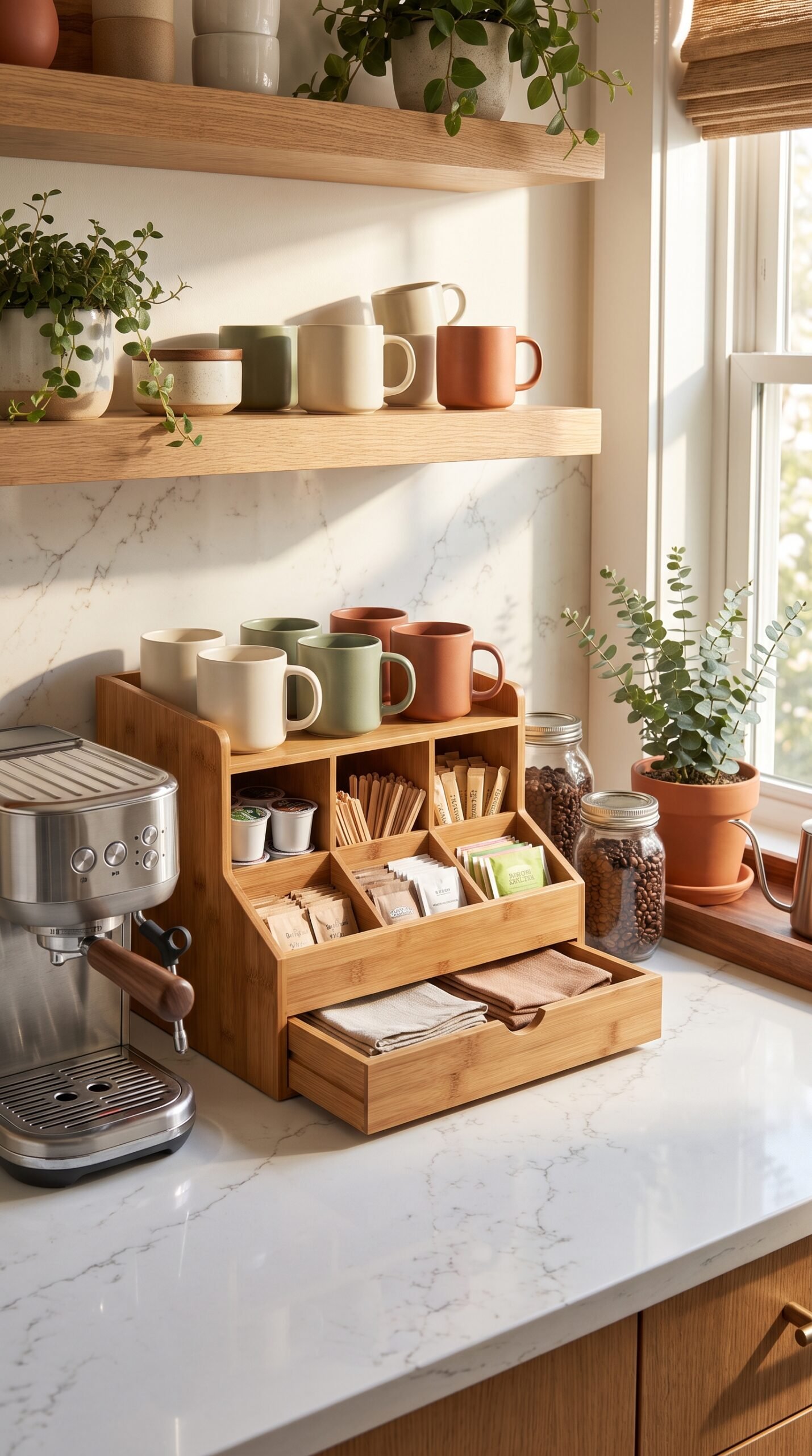 Bamboo Coffee Station Organizer with Drawer