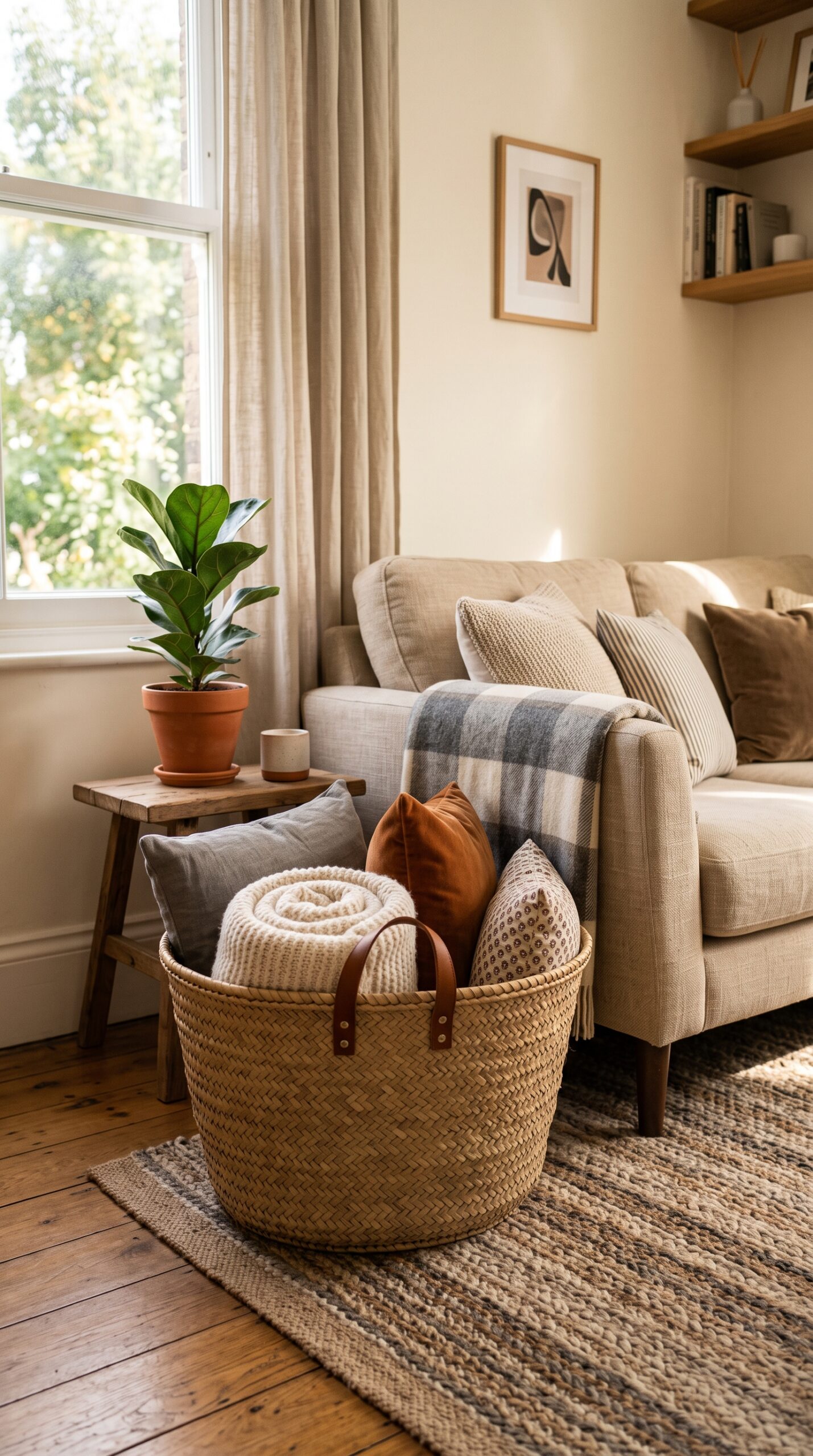 Woven Seagrass Floor Basket with Leather Handles