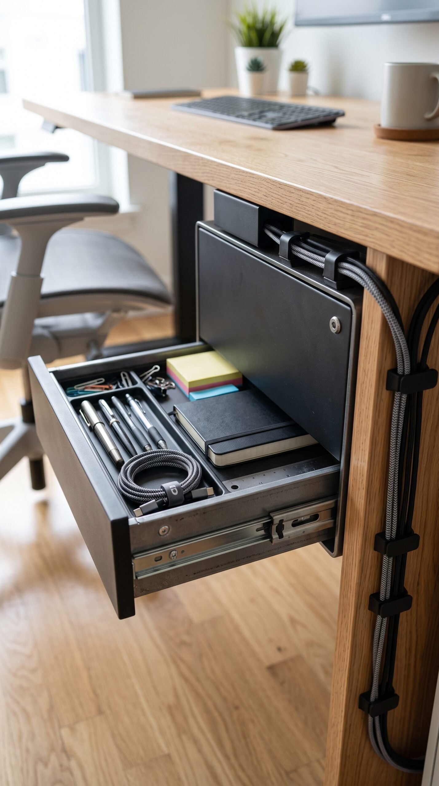 Under-Desk Drawer Organizer with Cable Management