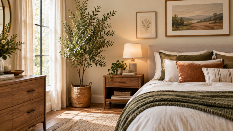 Cozy neutral bedroom with layered bedding, warm wood furniture, and a faux olive tree