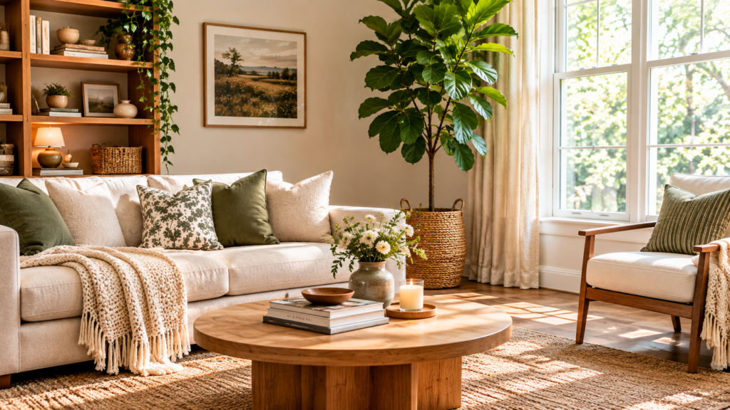 Cozy living room with a tall indoor plant adding vertical height and style