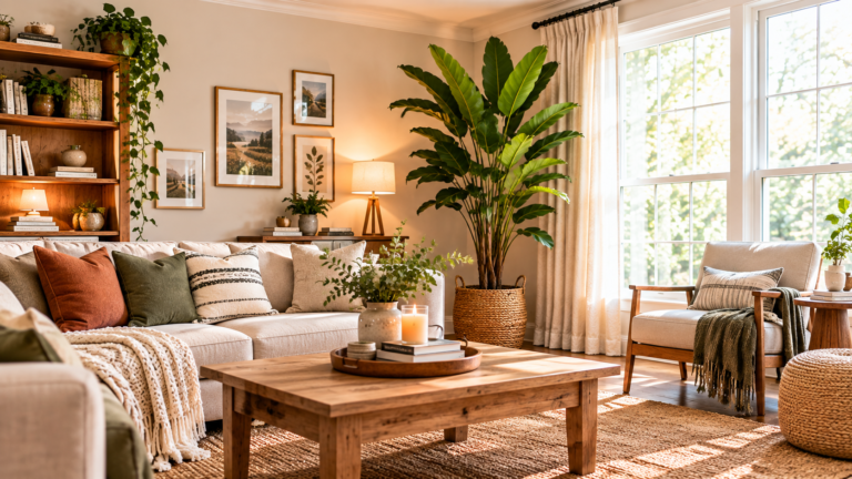 Cozy living room with a tall indoor plant creating vertical height and layered decor